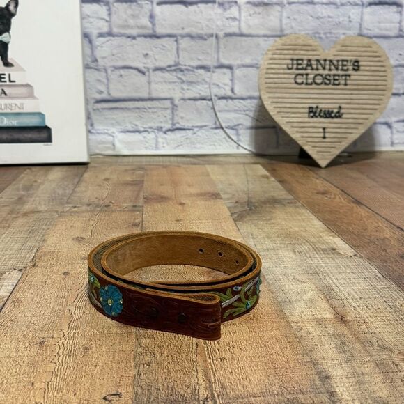 Floral painted tooled leather belt with rhinestone bling detail